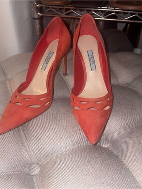 Prada Orange Suede Pointed Toe Cutout Pumps